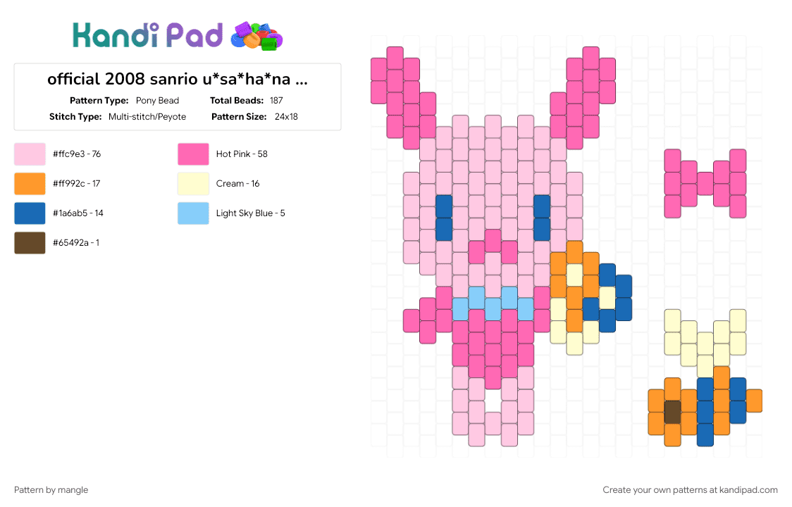 official 2008 sanrio u*sa*ha*na friends aquabeads set (aq-s05) (3) - Pony Bead Pattern by mangle on Kandi Pad - 2000s y2k, animal animals, bunny rabbit, cute kawaii, cutecore kawaiicore, decora colorful, pink, sakura, usahana sanrio