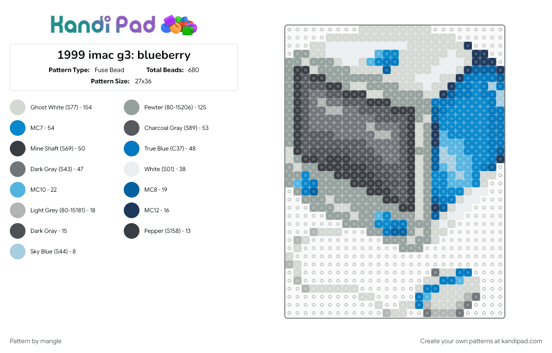 1999 imac g3: blueberry - Fuse Bead Pattern by mangle on Kandi Pad - 2000s y2k, 90s, computer, frutiger aero, gray, old tech, retro technology