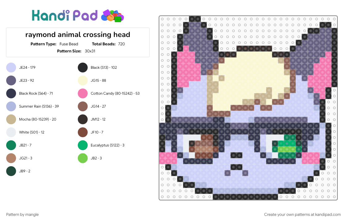raymond animal crossing head - Fuse Bead Pattern by mangle on Kandi Pad - acnh, animals wall decor, cute kawaii, decoration, gray, kitty cat animal, nintendo video game, panel, pink, purple