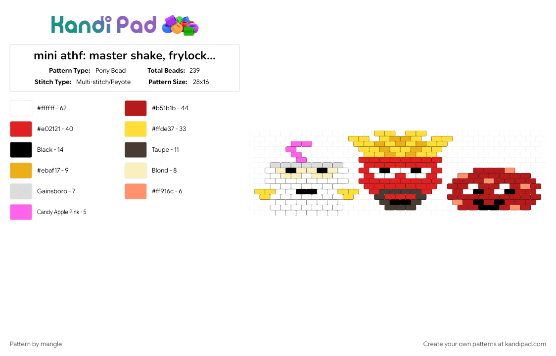 mini athf: master shake, frylock, meatwad - Pony Bead Pattern by mangle on Kandi Pad - 2000s, adult swim, aqua teen hunger force, cartoon, nostalgia, nostalgic, red, yellow
