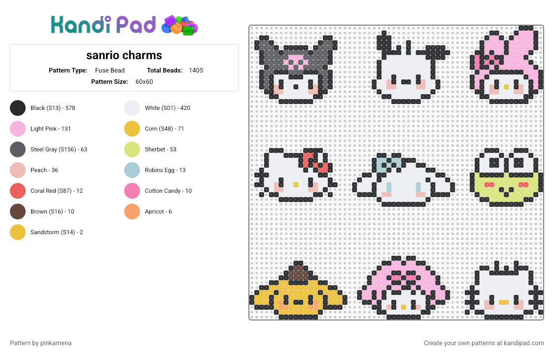 sanrio charms - Fuse Bead Pattern by pinkamena on Kandi Pad - black,white,pink,yellow,colorful,cute,kawaii,tiny,small,easy,hello kitty,dog,rabbit