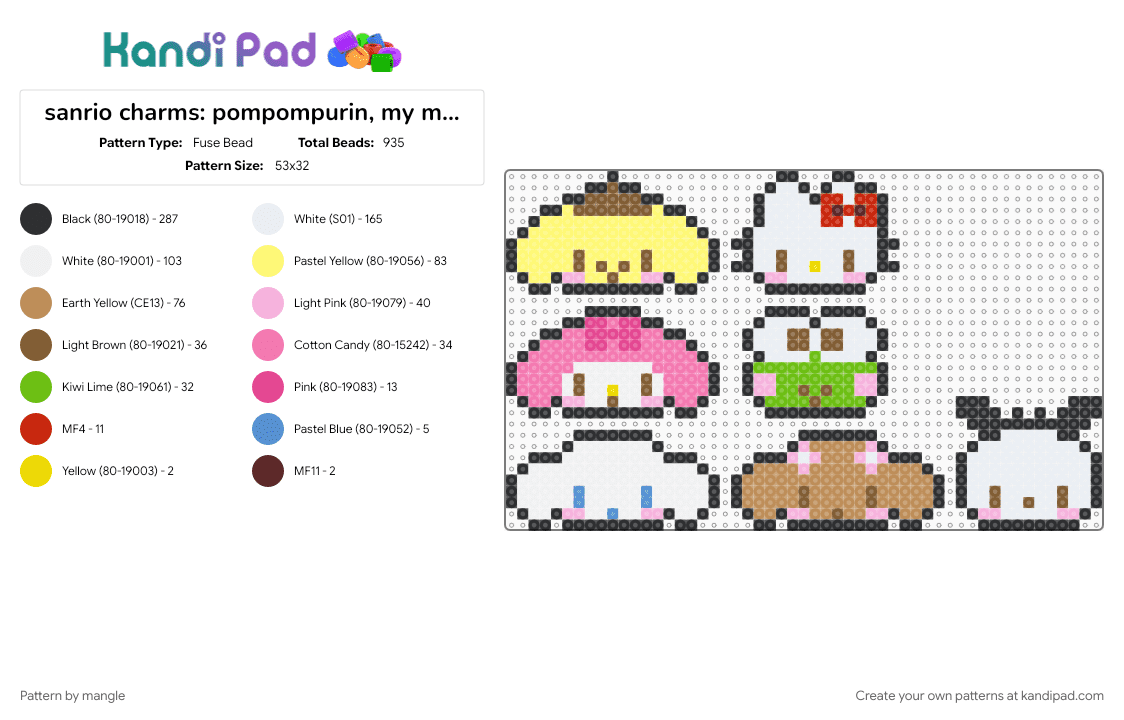 sanrio charms: pompompurin, my melody, cinnamoroll, hello kitty, keroppi, mocha, pochacco - Fuse Bead Pattern by mangle on Kandi Pad - animal animals, bunny rabbit, cute kawaii, frog, keychain, kitten cat, pink, puppy dog, small easy, tan, white, yellow
