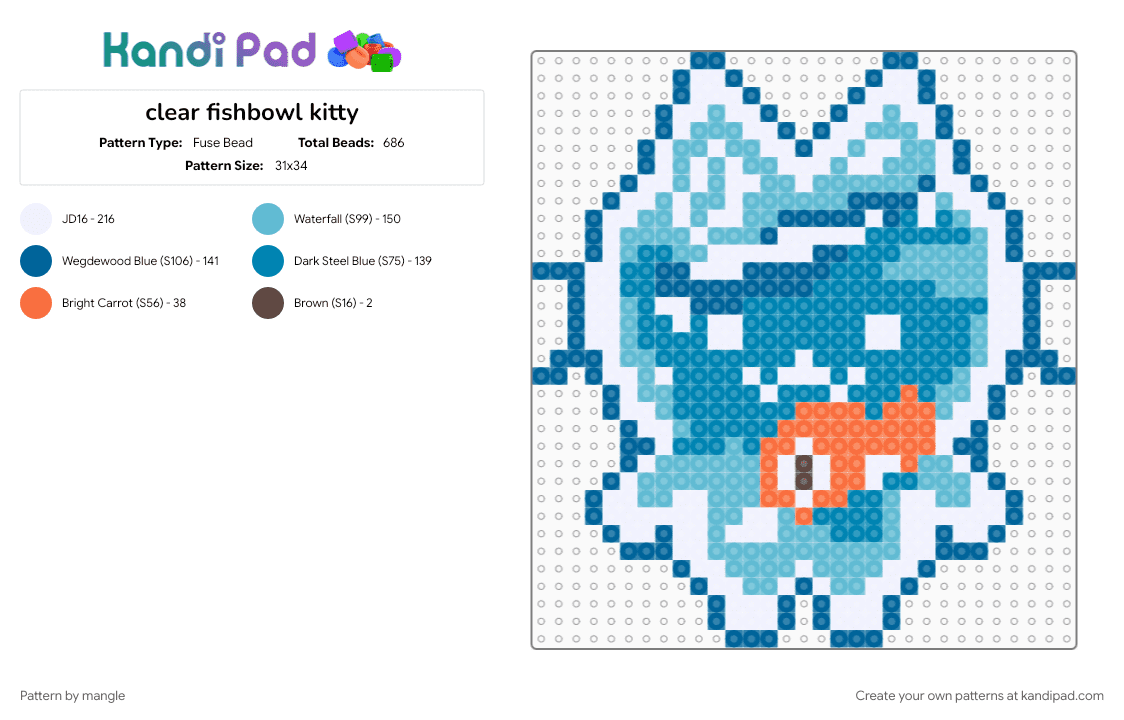 clear fishbowl kitty - Fuse Bead Pattern by mangle on Kandi Pad - animal animals, blue, cute kawaii, fish goldfish, frutiger aero, kitty cat kitten, light blue, water sea