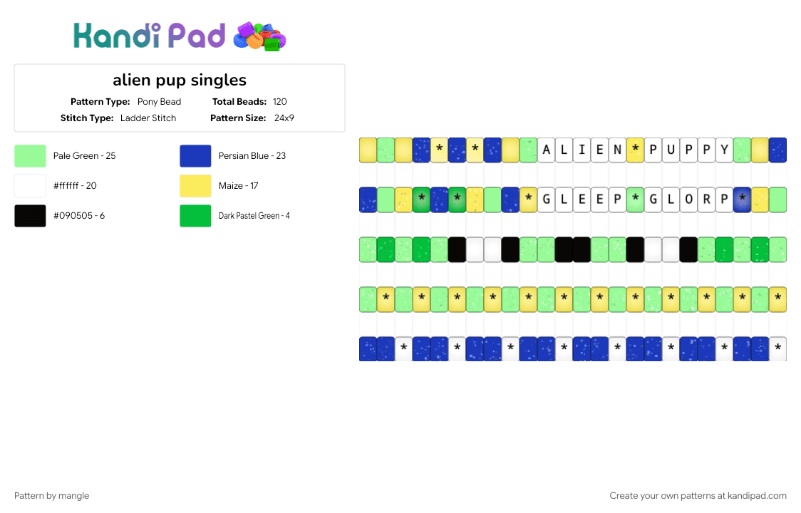 alien pup singles (* for star beads) - Pony Bead Pattern by mangle on Kandi Pad - cute kawaii, galaxy puppy, gnarp gnarpy gleep glorp, planets stars, purple, space planet, star, teal, ufo dog, yellow