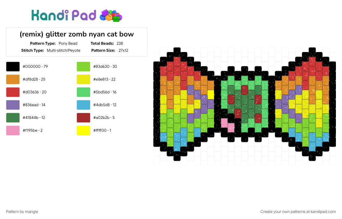 glitter zomb nyan cat bow - Pony Bead Pattern by mangle on Kandi Pad - cosplay, emo wearable, green, kitty cat, orange, rainbow colorful, red, scene bowtie, scenemo accessory, undead, yellow, zombie monster
