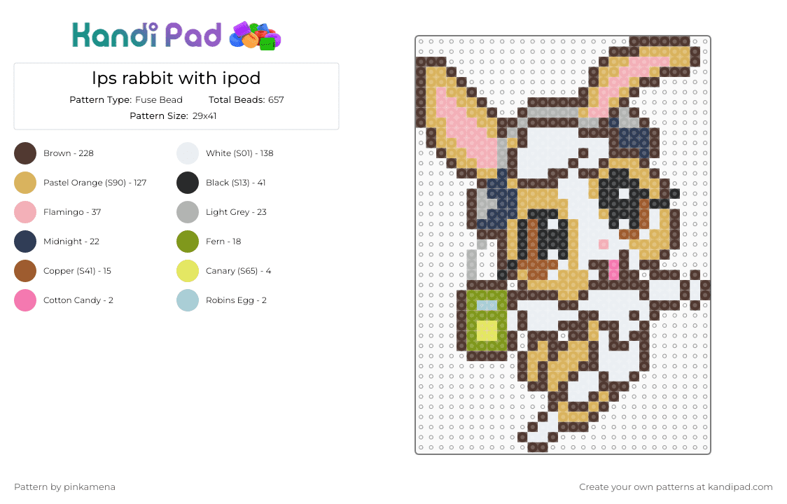 lps rabbit with ipod - Fuse Bead Pattern by pinkamena on Kandi Pad - brown,orange,beige,music,headphones,cute,kawaii,bunny,littlest pet shop,cartoon,animal