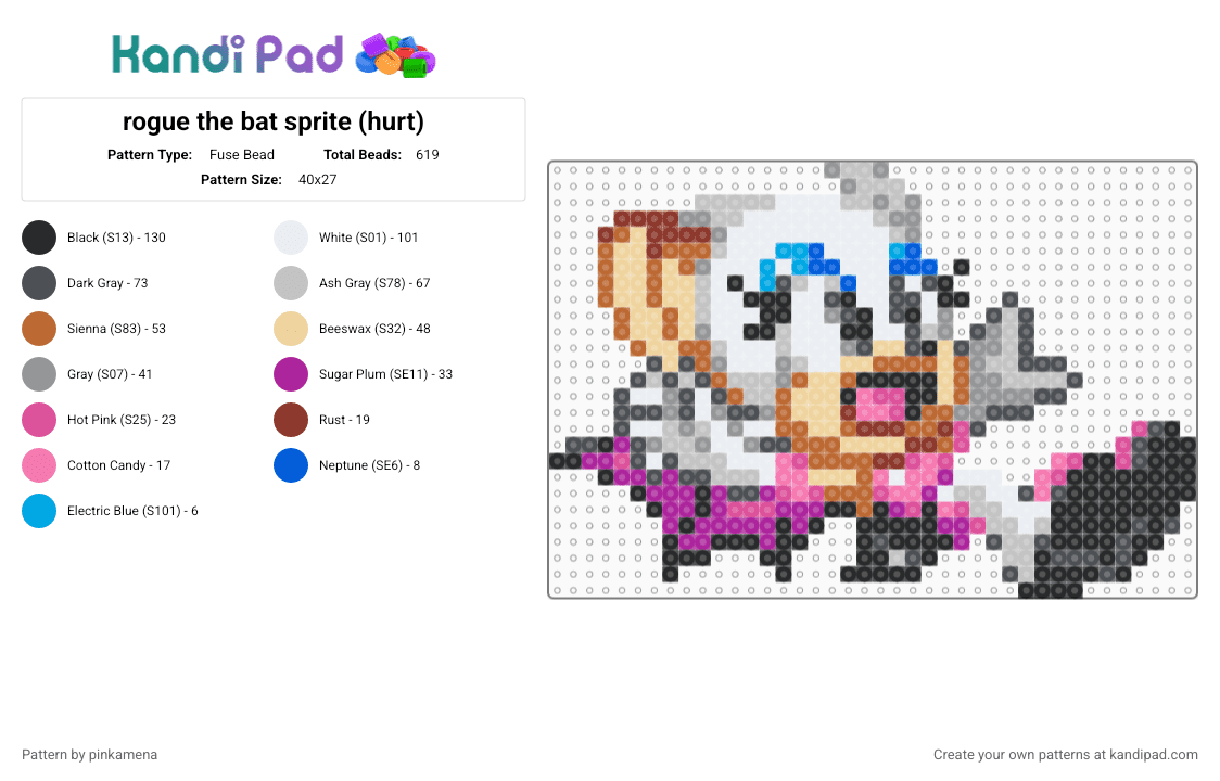 rogue the bat sprite (hurt) - Fuse Bead Pattern by rainbowhash on Kandi Pad - gray,beige,tan,pink,cute,kawaii,video game,sonic the hedgehog,animal,animals,furry,sega