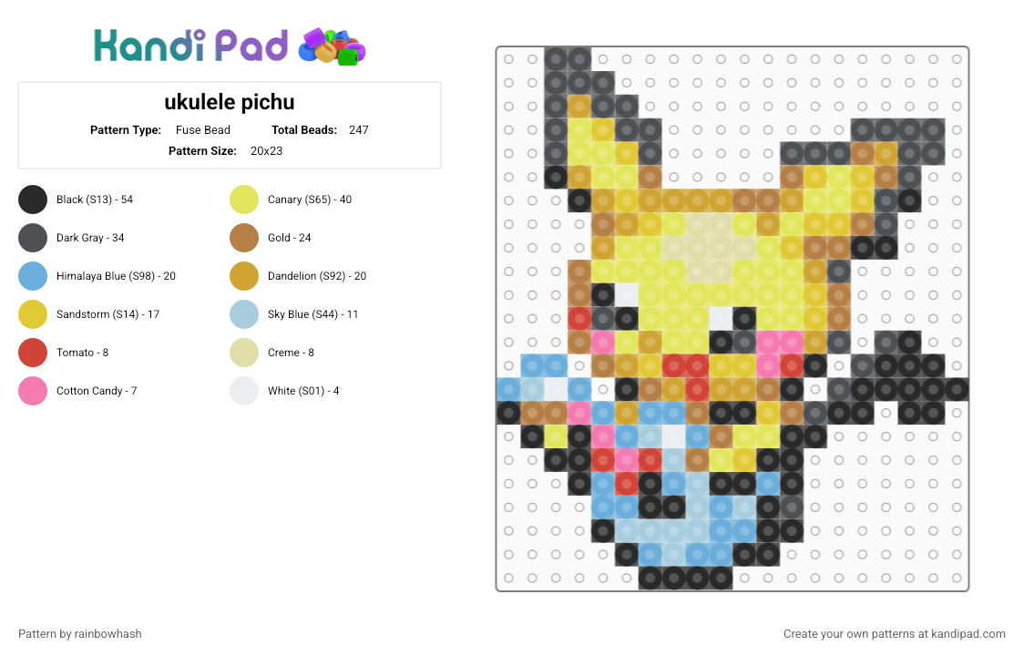 ukulele pichu - Fuse Bead Pattern by mangle on Kandi Pad - animal, cute, gray, guitar, kawaii, light blue, nintendo, pikachu, pokmon, video game, yellow