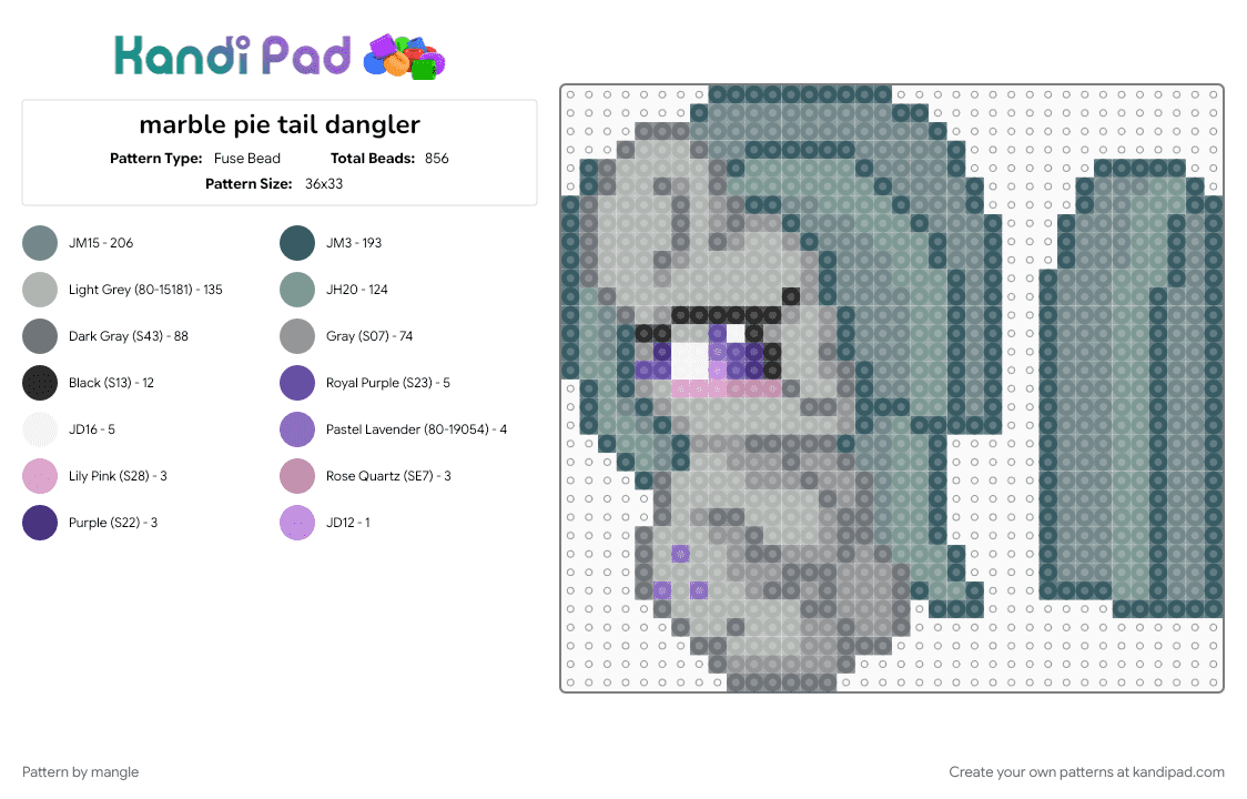 marble pie tail dangler - Fuse Bead Pattern by mangle on Kandi Pad - 2010s, animal animals, cute kawaii, dangle, gray, horse cartoon, keychain, mlp, my little pony, purple
