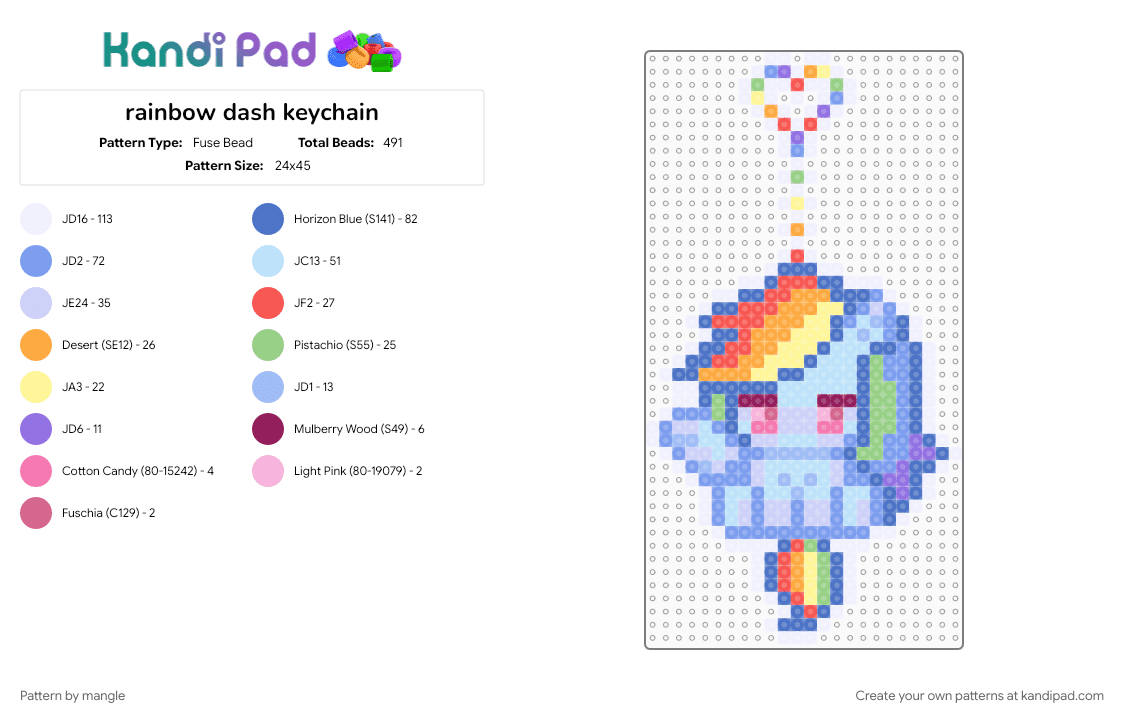 rainbow dash keychain - Fuse Bead Pattern by mangle on Kandi Pad - animal animals, blue, cartoon, charm, cute kawaii, decora, light blue, mlp my little pony, pink, scene, scenemo