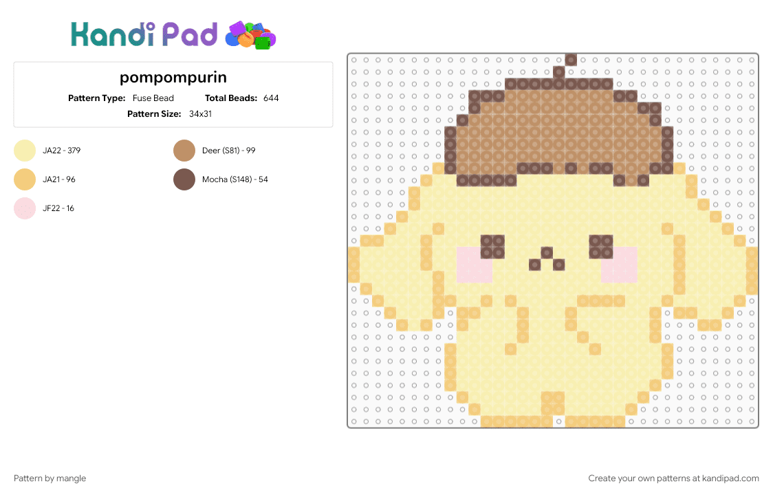 pompompurin - Fuse Bead Pattern by mangle on Kandi Pad - animal, animals, cute, hello kitty, kawaii, puppy dog, sanrio, yellow