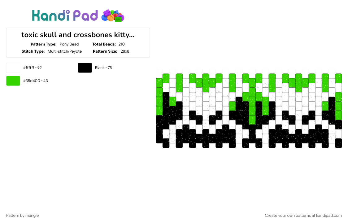 toxic skull and crossbones kitty cuff - Pony Bead Pattern by mangle on Kandi Pad - animals, bone halloween, green, hazard drip, kitty cat, monster bones, scary animal, scene emo horror, scenemo accessory, white