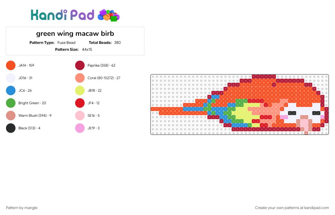 green wing macaw birb - Fuse Bead Pattern by mangle on Kandi Pad - animal animals, bird pet, cute kawaii, parrot, red, sleepy sleeping