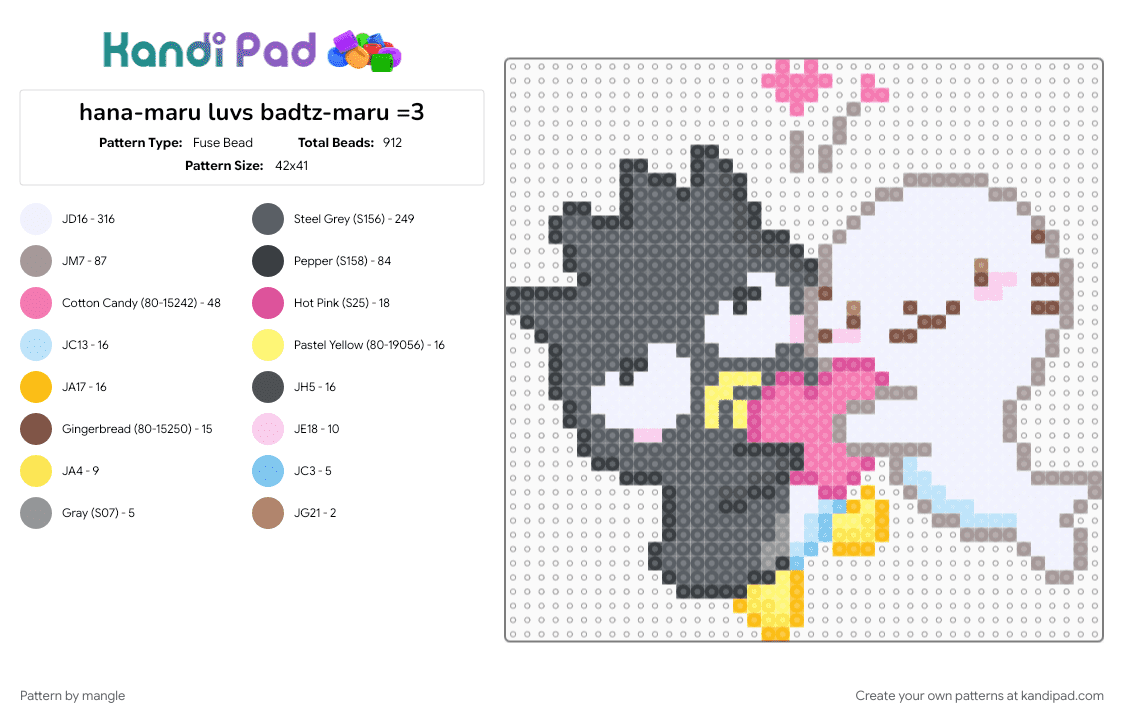 hana-maru luvs badtz-maru =3 - Fuse Bead Pattern by mangle on Kandi Pad - badtz maru, cute kawaii, gray, hana maru, heart love, sanrio, seal bird penguin