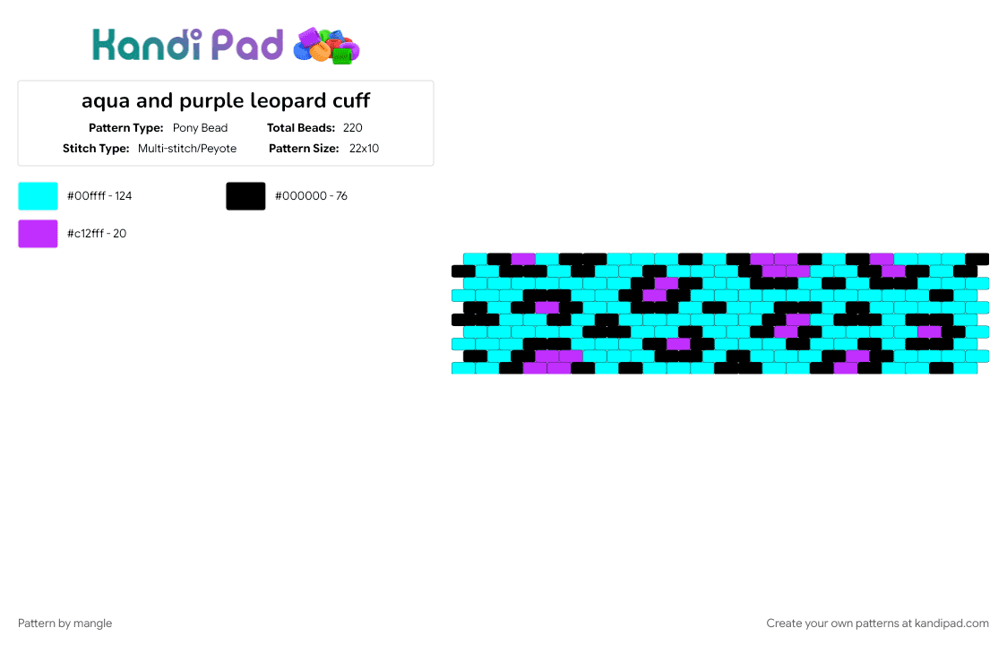 aqua and purple leopard cuff - Pony Bead Pattern by mangle on Kandi Pad - animal, furry, light blue, neon, scene, scenemo
