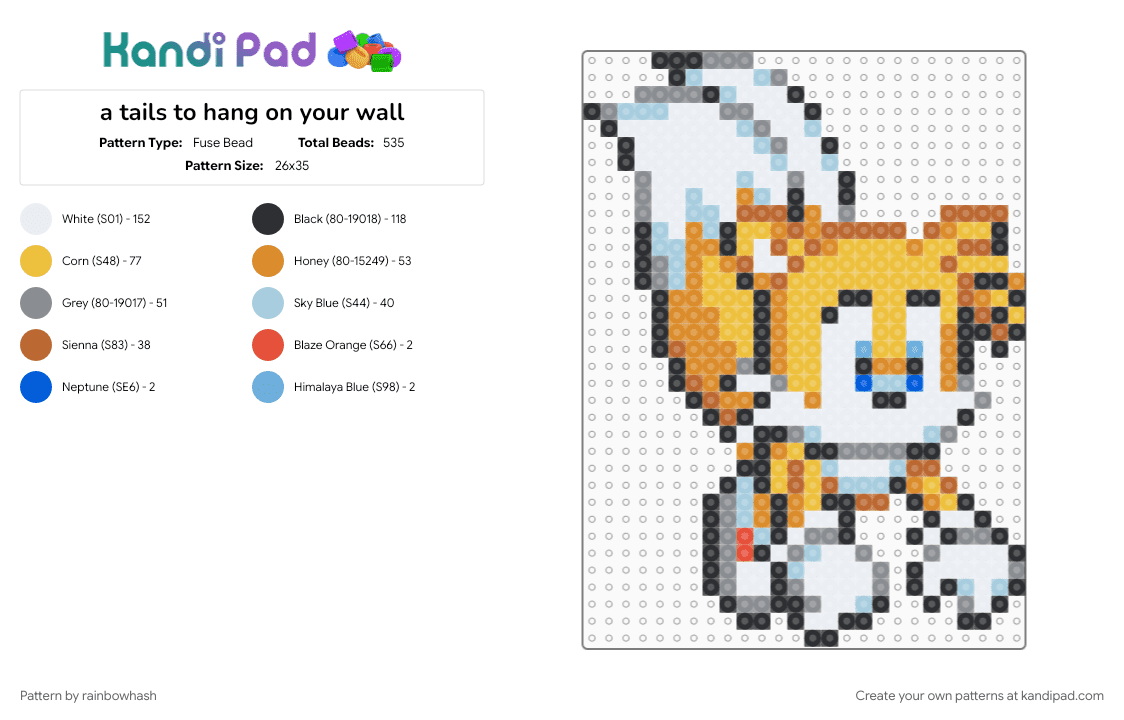 a tails to hang on your wall - Fuse Bead Pattern by rainbowhash on Kandi Pad - colorful, gray, light blue, miles prower, orange, sonic the hedgehog, video game