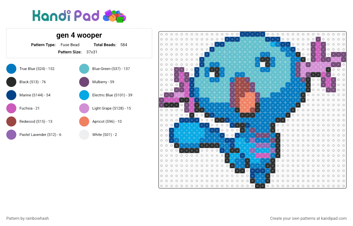 gen 4 wooper - Fuse Bead Pattern by rainbowhash on Kandi Pad - animal, blue, cute, kawaii, nintendo, pink, pokmon, sea creature, teal, video game