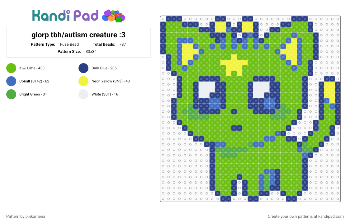 glorp tbh/autism creature :3 - Fuse Bead Pattern by pinkamena on Kandi Pad - blue,green,alien cat,kitty,kitten,gnarpy,cute,space,animal,gnarp
