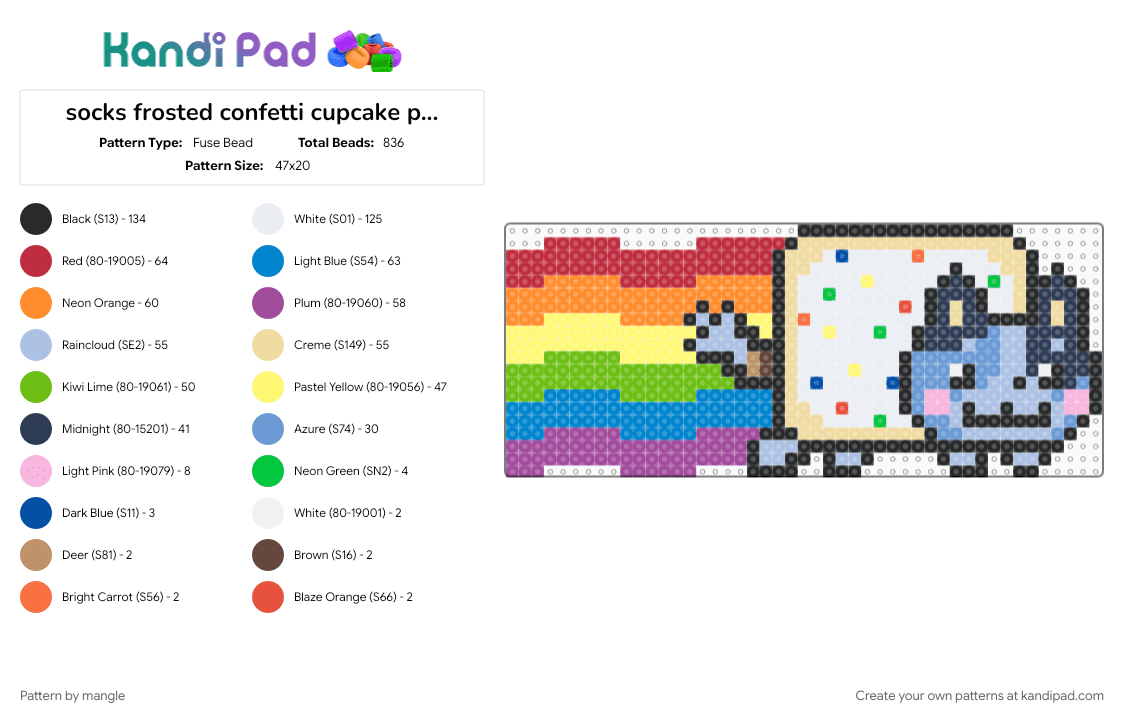 socks frosted confetti cupcake poptart nyan puppy =o3> - Fuse Bead Pattern by mangle on Kandi Pad - animals, beige, cartoon puppy dog, character animal, colorful, cute kawaii bluey, green, nyan cat, orange, pink