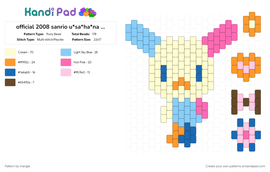 official 2008 sanrio u*sa*ha*na friends aquabeads set (aq-s05) (2) - Pony Bead Pattern by mangle on Kandi Pad - 2000s y2k, animal animals, bunny rabbit, cute kawaii, cutecore kawaiicore, decora colorful, light blue, pink, usahana sanrio, yellow