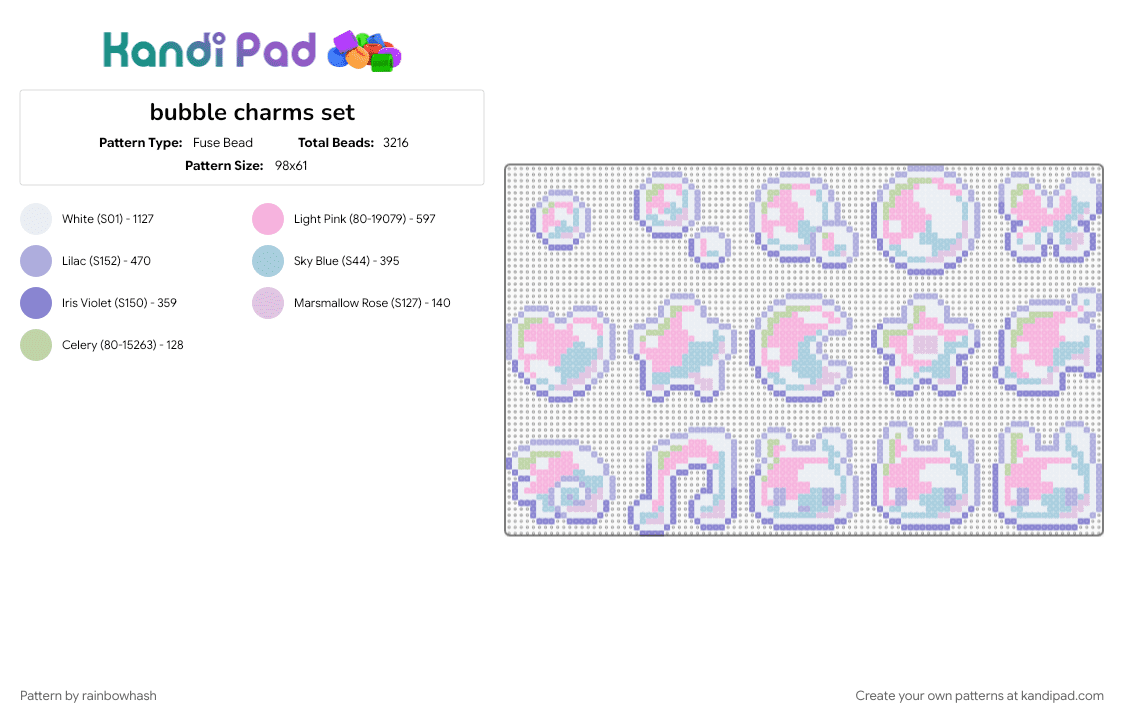 bubble charms set - Fuse Bead Pattern by rainbowhash on Kandi Pad - bear, bubbles, bunny rabbit, charm, cute, heart, kitty cat, pink, star