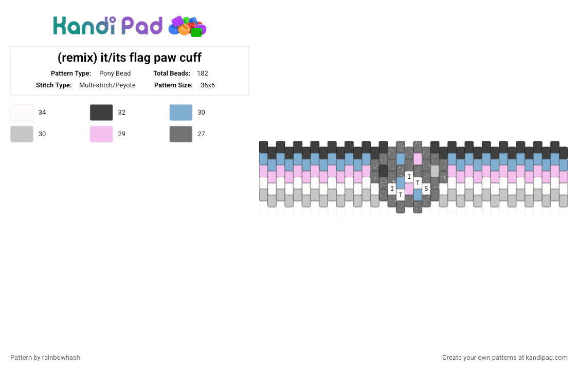 (remix) it/its flag paw cuff - Pony Bead Pattern by mangle on Kandi Pad - beige, it its, lgbt, lgbtq, lgbtqia, light blue, pink, pronouns, trans gender, transgender