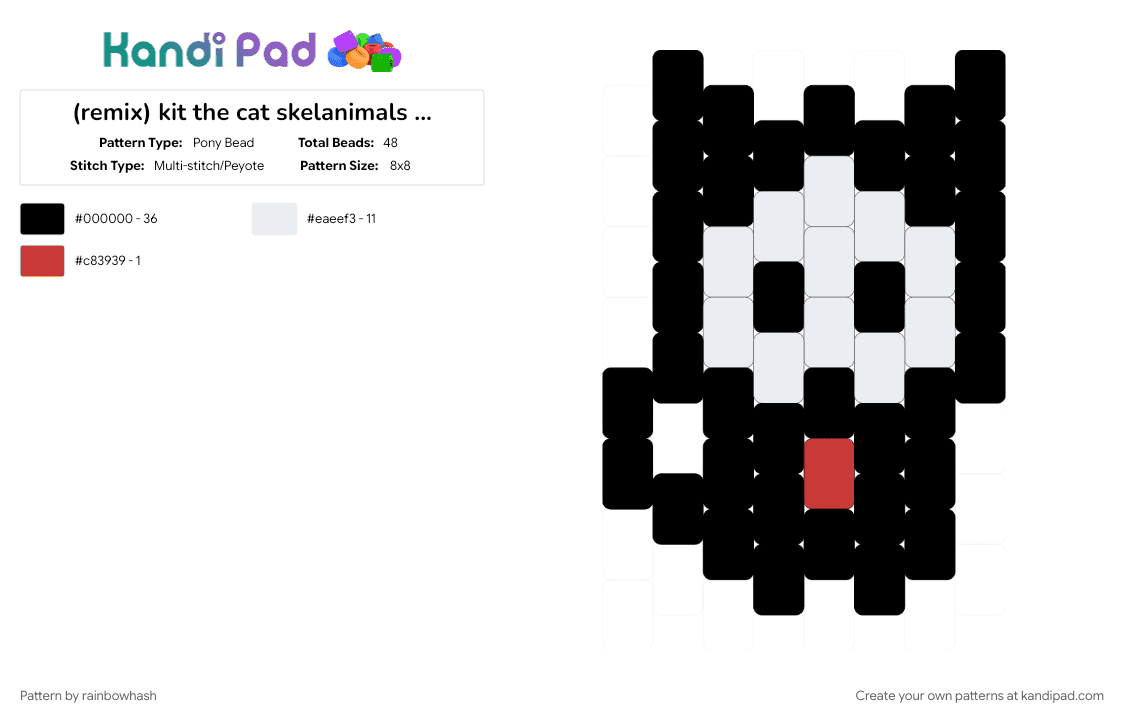 (remix) kit the cat skelanimals charm - Pony Bead Pattern by rainbowhash on Kandi Pad - accessory, animal, black, emo, keychain, kitten, kitty cat, scene, scenemo, white
