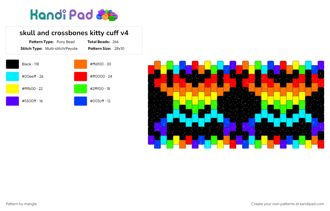 skull and crossbones kitty cuff v4 - Pony Bead Pattern by mangle on Kandi Pad - animals, black, bone halloween, colorful, kitty cat, monster bones, orange, rainbow colorful, scary animal, scene emo horror, scenemo accessory, yellow