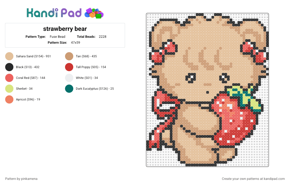 strawberry bear - Fuse Bead Pattern by pinkamena on Kandi Pad - beige,cute,kawaii,cub,fruit,animal,food,bows,bow