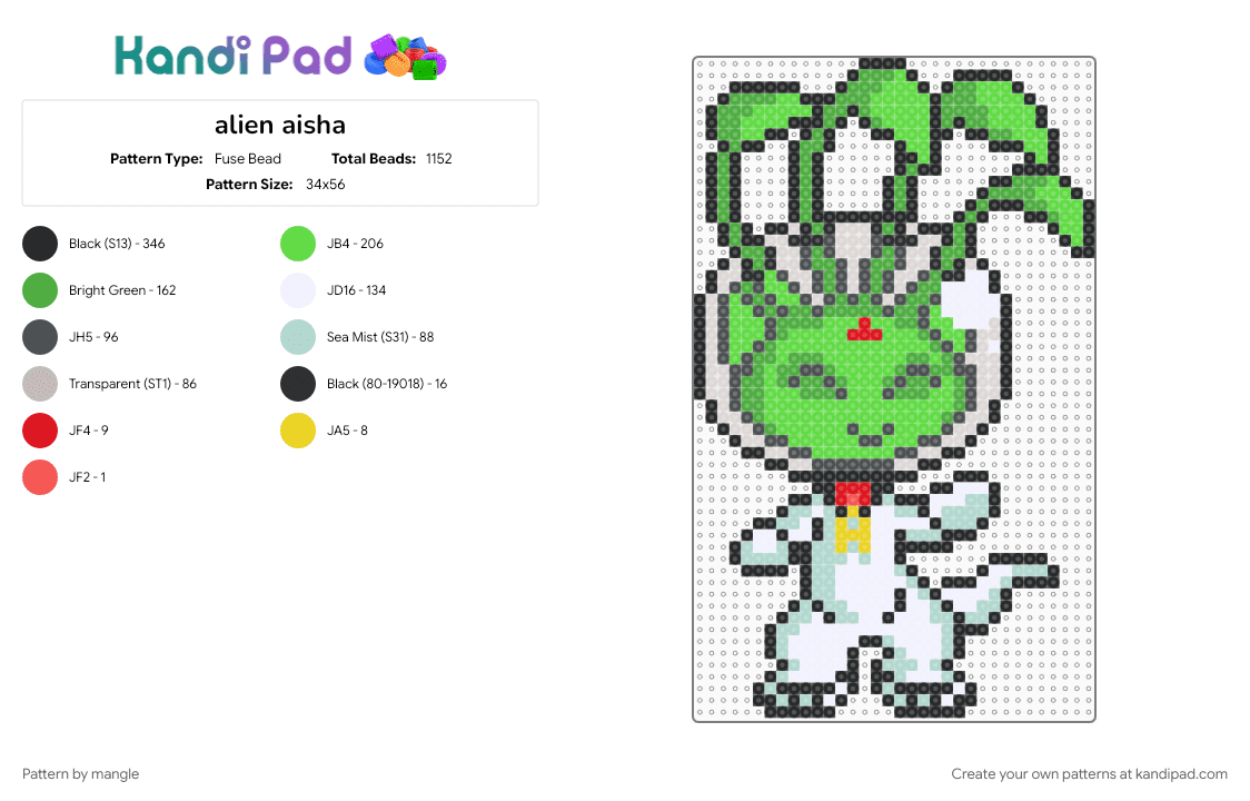 alien aisha - Fuse Bead Pattern by mangle on Kandi Pad - 2000s, astronaut, early internet, green, neopet, neopets, space
