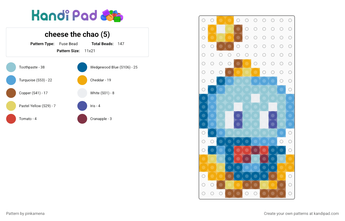 cheese the chao (5) - Fuse Bead Pattern by rainbowhash on Kandi Pad - orange,tan,blue,light blue,cute,kawaii,video game,sonic the hedgehog,simple,keychain,small,charm
