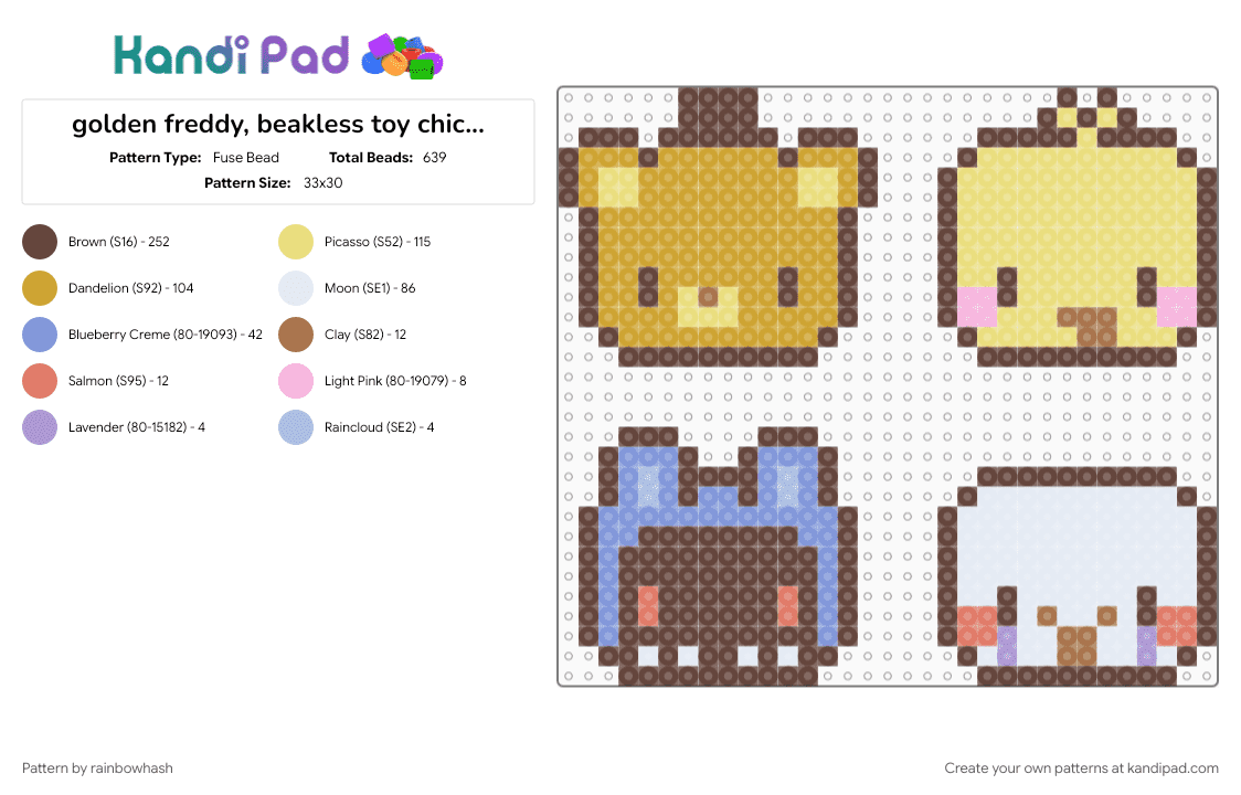 golden freddy, beakless toy chica, withered bonnie, marionette - Fuse Bead Pattern by mangle on Kandi Pad - brown, charm, charms, cute, five nights at freddys, fnaf, kawaii, orange, puppet, video game, yellow