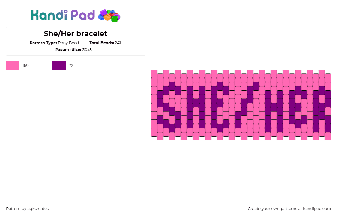 She/Her bracelet - Pony Bead Pattern by aqkcreates on Kandi Pad - she,her,pronouns,pride,text,cuff,pink,purple