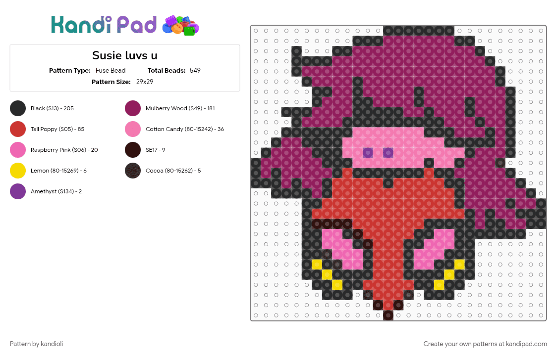 Susie luvs u - Fuse Bead Pattern by kandioli on Kandi Pad - pink, red
