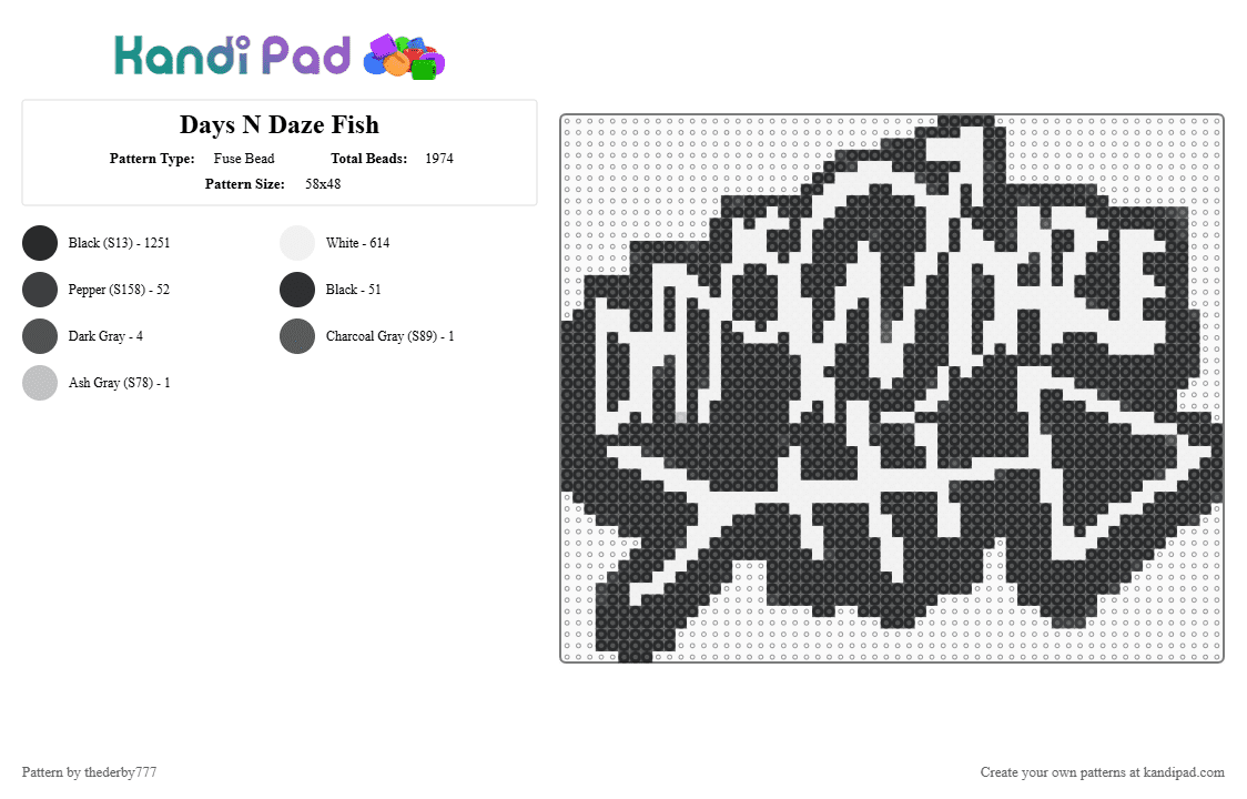 Days N Daze Fish - Fuse Bead Pattern by thederby777 on Kandi Pad - black,white,gray