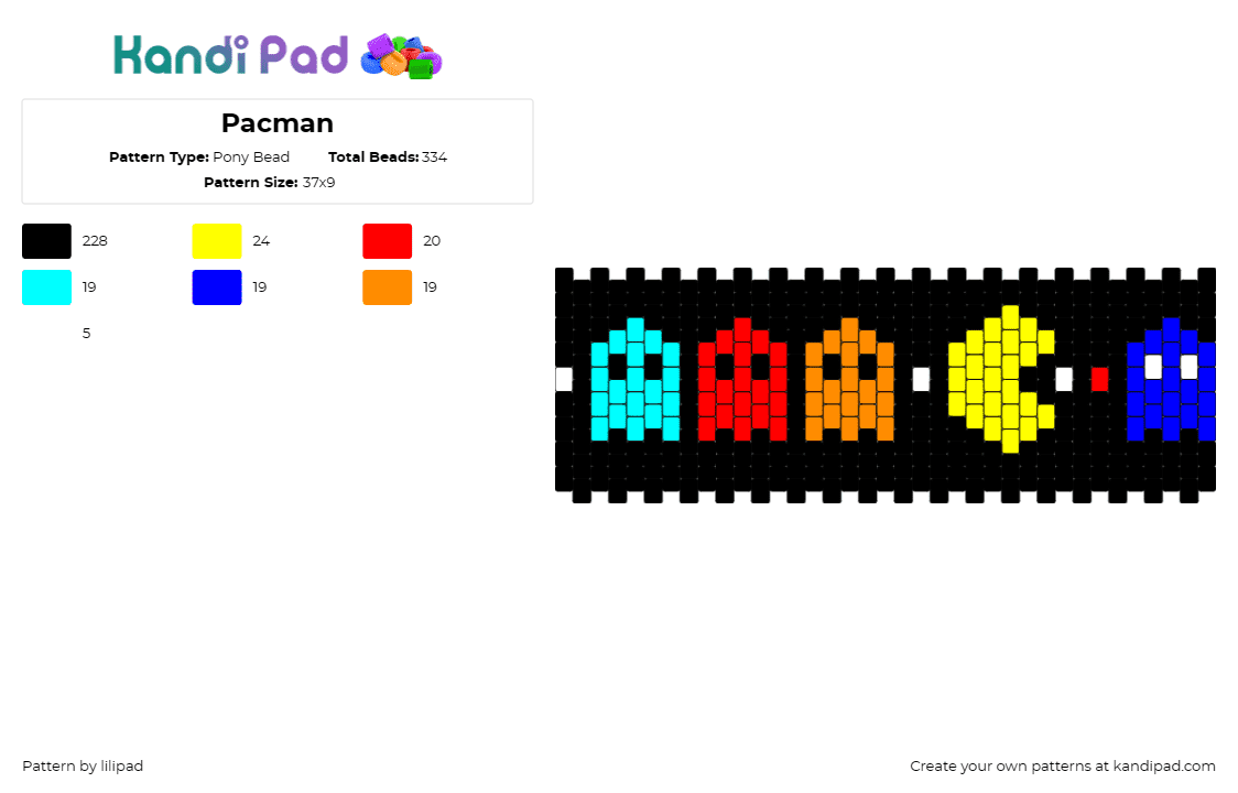 Pacman - Pony Bead Pattern by lilipad on Kandi Pad - pacman,namco,arcade,ghosts,classic,nostalgia,characters,cuff