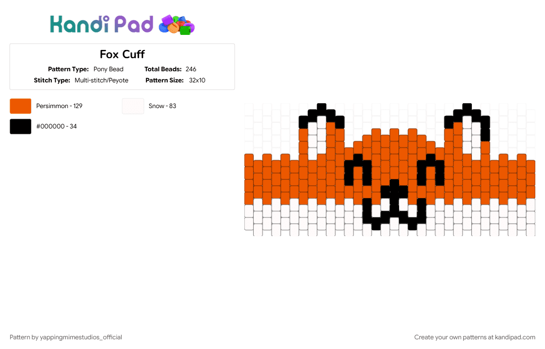 Fox Cuff - Pony Bead Pattern by yappingmimestudios_official on Kandi Pad - animals, fox, orange, white
