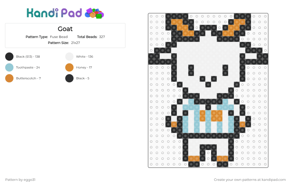Goat - Fuse Bead Pattern by eggo31 on Kandi Pad - white,orange,light blue
