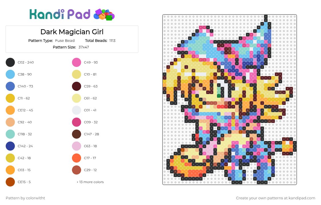 Dark Magician Girl - Fuse Bead Pattern by colorwitht on Kandi Pad - pink,blue,yellow,colorful