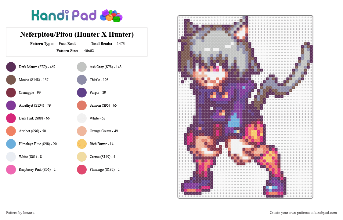 Neferpitou/Pitou (Hunter X Hunter) - Fuse Bead Pattern by hexuru on Kandi Pad - pink,tan,beige,anime,hunterxhunter,cat,human