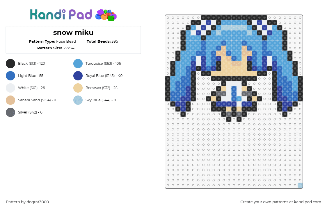 snow miku - Fuse Bead Pattern by dograt3000 on Kandi Pad - hatsune miku,vocaloid,chibi,music,digital,anime,blue