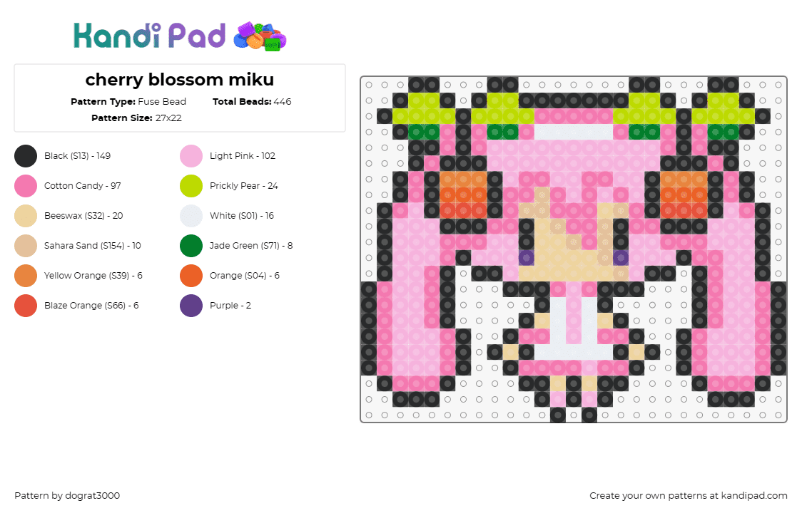 cherry blossom miku - Fuse Bead Pattern by dograt3000 on Kandi Pad - hatsune miku,vocaloid,chibi,music,cherries,digital,anime,pink