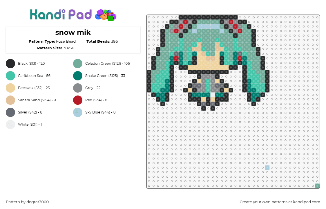 snow mik - Fuse Bead Pattern by dograt3000 on Kandi Pad - hatsune miku,vocaloid,chibi,music,digital,anime,teal,green