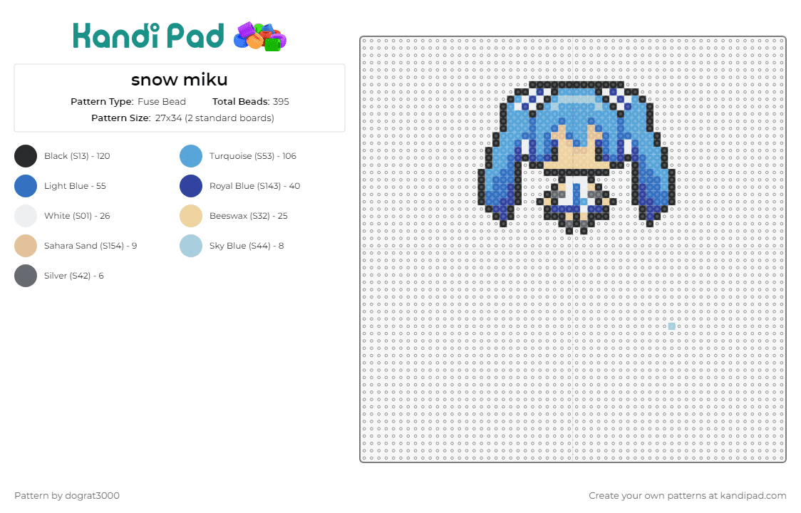 snow miku - Fuse Bead Pattern by dograt3000 on Kandi Pad - hatsune miku,vocaloid,chibi,music,digital,anime,blue