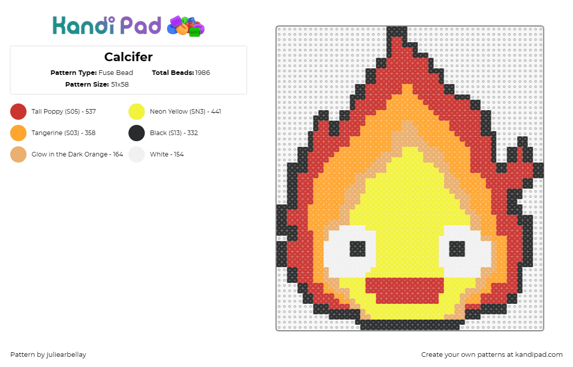 Calcifer - Fuse Bead Pattern by juliearbellay on Kandi Pad - calcifer,howls moving castle,ghibli,character,movie,anime,flame,fire,face,orange