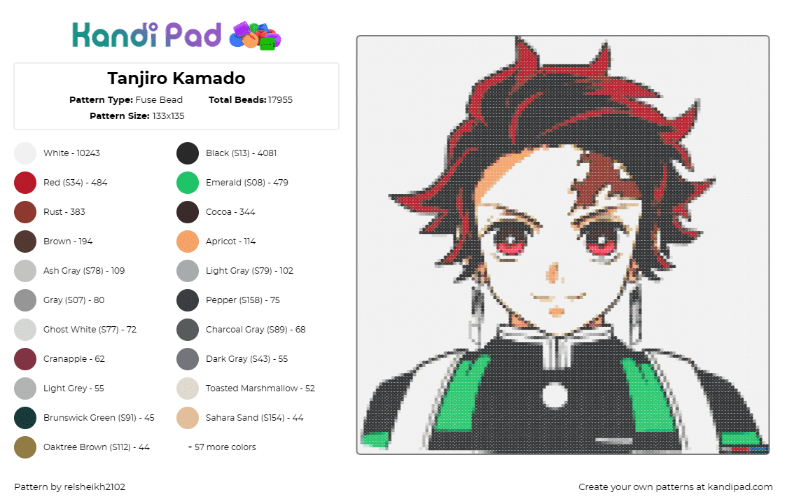 Tanjiro Kamado - Fuse Bead Pattern by relsheikh2102 on Kandi Pad - tanjiro kamado,demon slayer,kimetsu no yaiba,anime,character,beige,red,green,bla