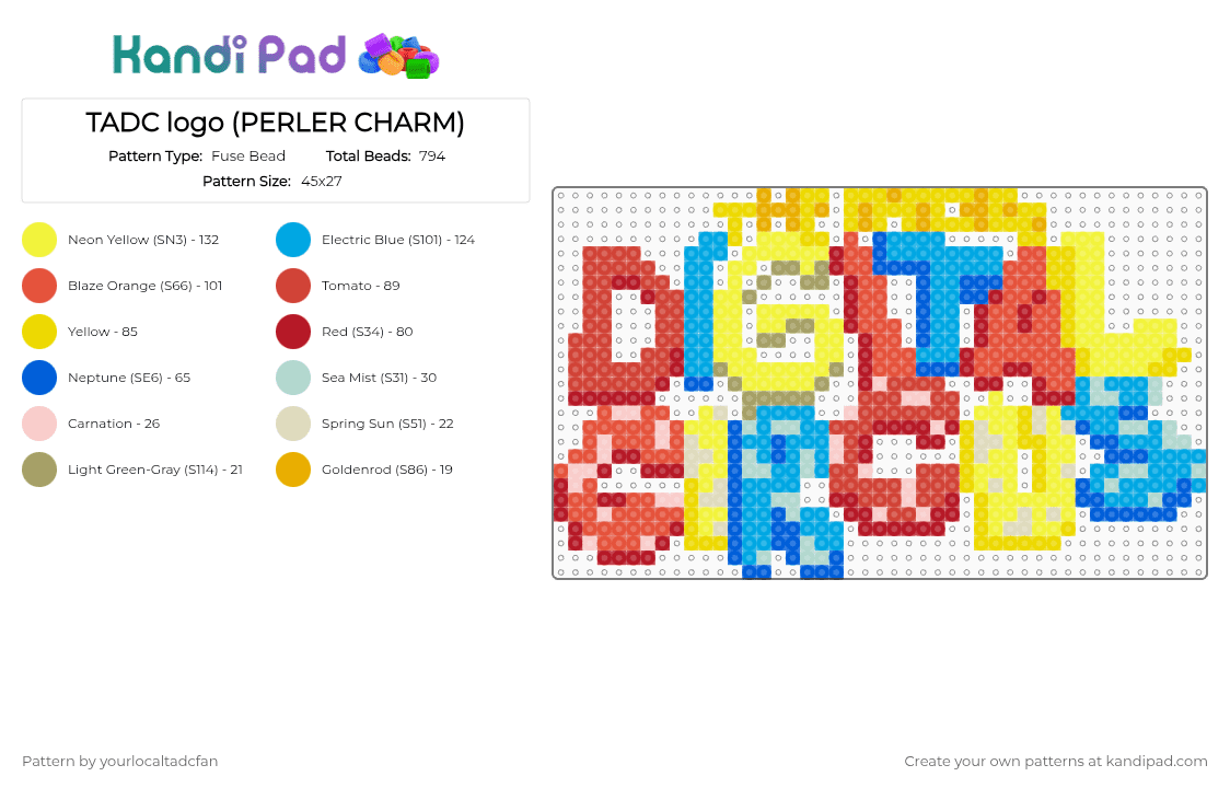 TADC logo (PERLER CHARM) - Fuse Bead Pattern by yourlocaltadcfan on Kandi Pad - red,light blue,yellow