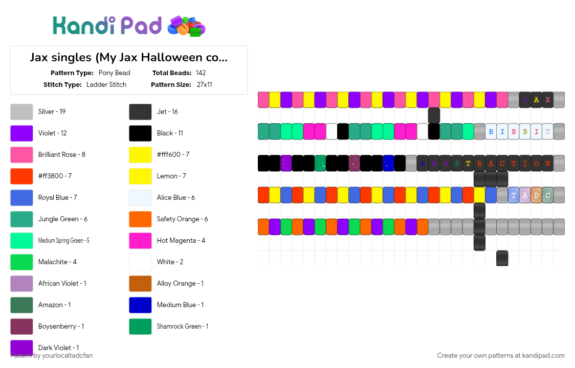 Jax singles (My Jax Halloween costume\'s kandi) - Pony Bead Pattern by yourlocaltadcfan on Kandi Pad - beige, colorful, yellow