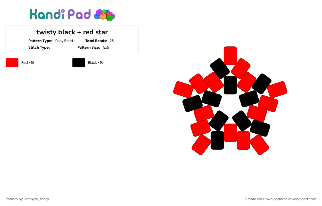 twisty black + red star - Pony Bead Pattern by vampyre_fangz on Kandi Pad - black, red