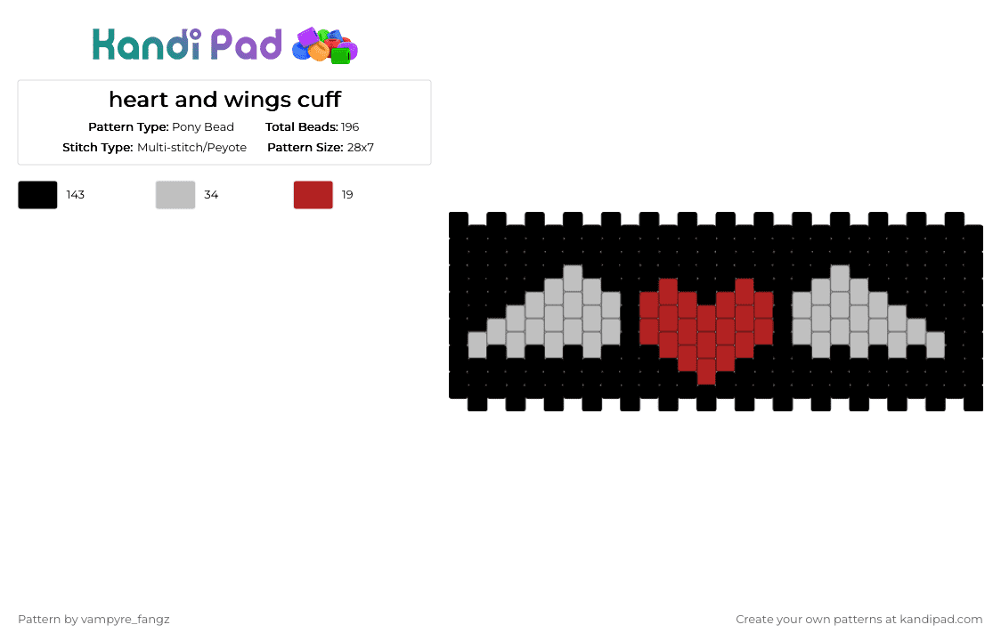 heart and wings cuff - Pony Bead Pattern by vampyre_fangz on Kandi Pad - black,red,beige